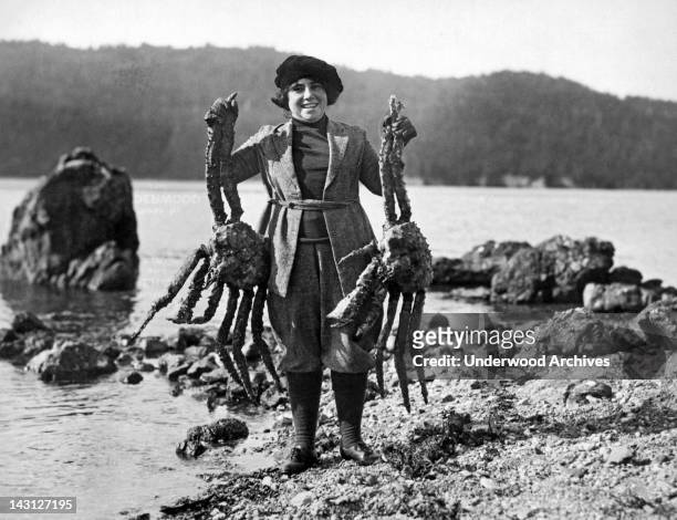 Mrs Frank Kleinschmidt holds up two giant Alaskan crabs during her husband's expedition into the arctic wilderness, Cook's Inlet, Alaska, May 31,...