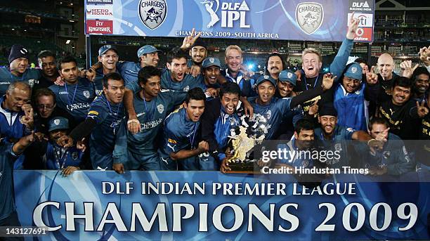 Deccan Chargers team lifts trophy of IPL 2 T-20 tournament at Wanderers Cricket Ground on May 25, 2009 in Johannesburg, South Africa.