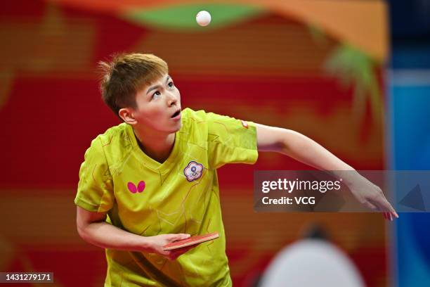 Chen Szu-Yu of Chinese Taipei competes against Sun Yingsha of China during the Women's semi-final match between China and Chinese Taipei on Day 8 of...