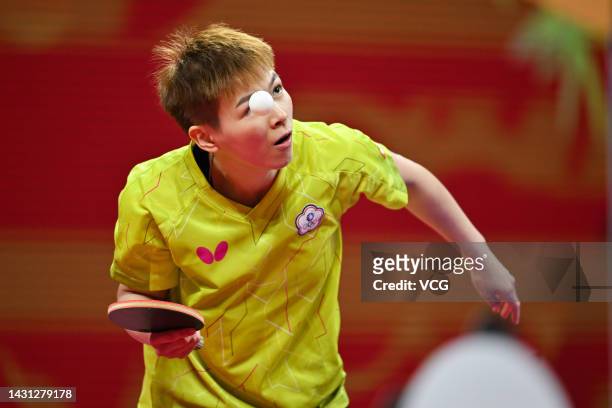 Chen Szu-Yu of Chinese Taipei competes against Sun Yingsha of China during the Women's semi-final match between China and Chinese Taipei on Day 8 of...