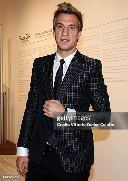 Milan football player Maxi Lopez attends a cocktail party for the "Royal Oak 40 Years: From Avant-Garde to Icon" exhibition at the Triennale di...