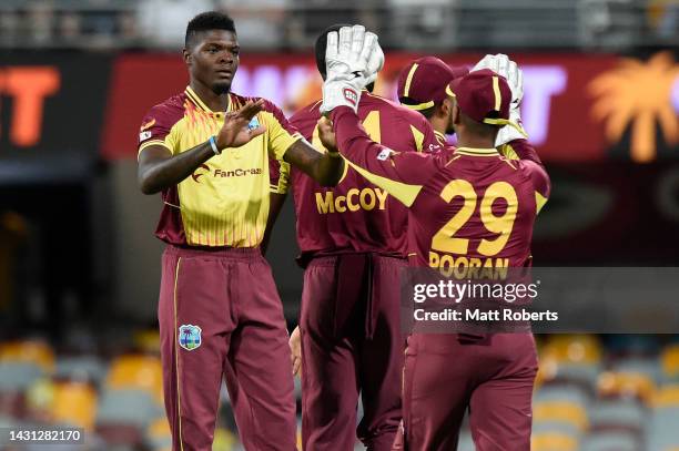 Alzarri Joseph of West Indies celebrates the wicket of Cameron Green of Australia during game two of the T20 International Series between Australia...