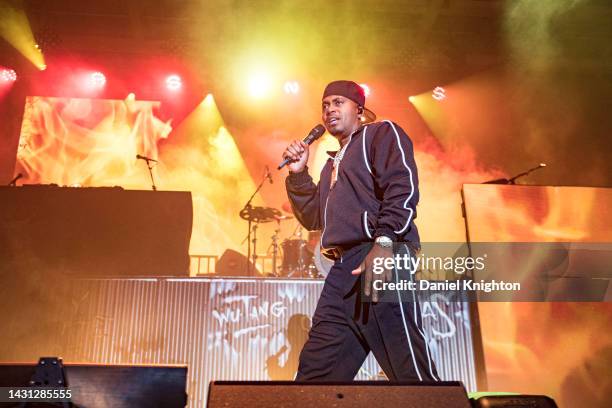 Rapper Nas performs on stage on the final night of the "New York State of Mind Tour" at PETCO Park on October 06, 2022 in San Diego, California.
