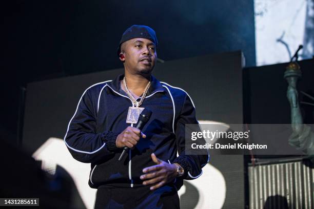 Rapper Nas performs on stage on the final night of the "New York State of Mind Tour" at PETCO Park on October 06, 2022 in San Diego, California.