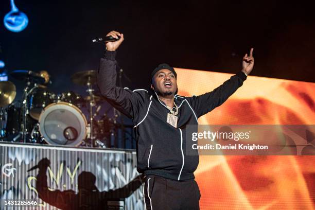 Rapper Nas performs on stage on the final night of the "New York State of Mind Tour" at PETCO Park on October 06, 2022 in San Diego, California.