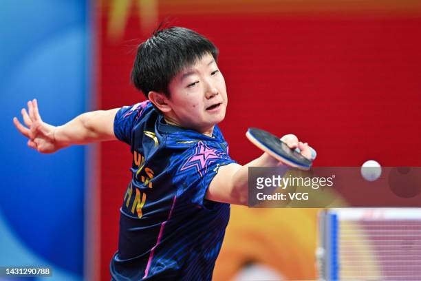 Sun Yingsha of China competes against Chen Szu-Yu of Chinese Taipei during the Women's semi-final match between China and Chinese Taipei on Day 8 of...