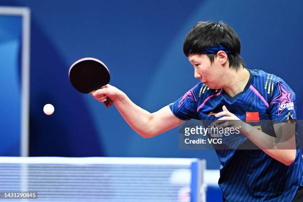 Wang Manyu of China competes against Liu Hsing-yin of Chinese Taipei during the Women's semi-final match between China and Chinese Taipei on Day 8 of...