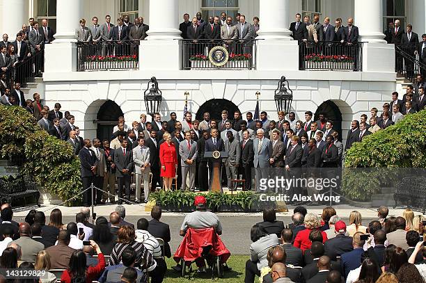 President Barack Obama hosts members of the University of Alabama Crimson Tide during a South Lawn event at the White House April 19, 2012 in...