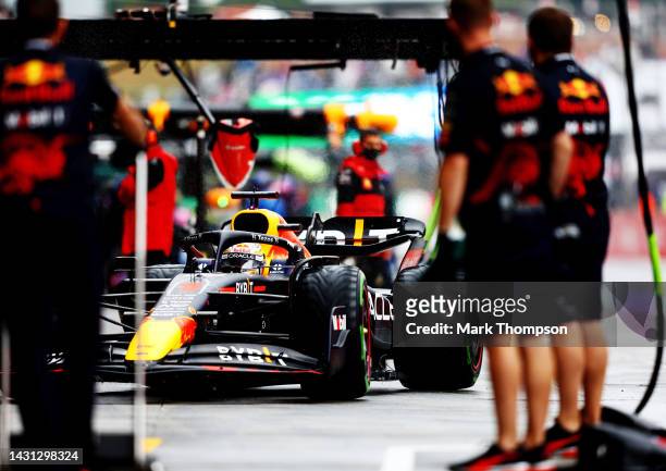 Max Verstappen of the Netherlands driving the Oracle Red Bull Racing RB18 in the Pitlane during practice ahead of the F1 Grand Prix of Japan at...