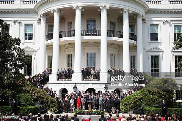 President Barack Obama hosts members of the University of Alabama Crimson Tide during a South Lawn event at the White House April 19, 2012 in...