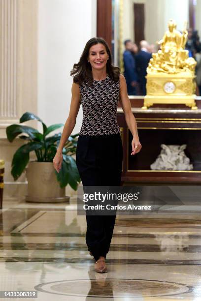 Queen Letizia of Spain attends an audience at the Zarzuela Palace on October 07, 2022 in Madrid, Spain.