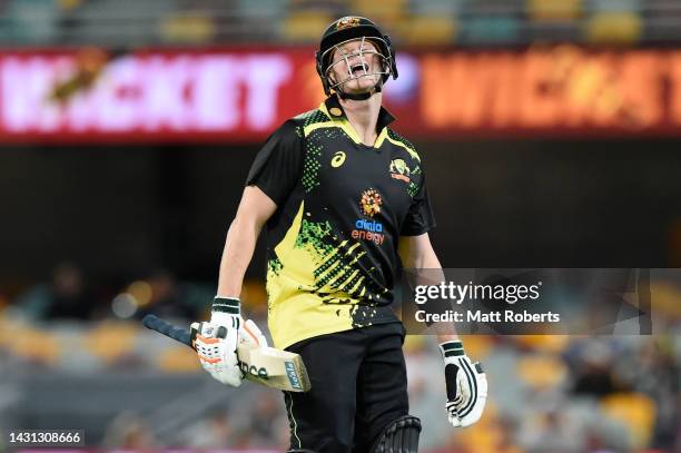 Steve Smith of Australia looks dejected after being dismissed during game two of the T20 International Series between Australia and the West Indies...