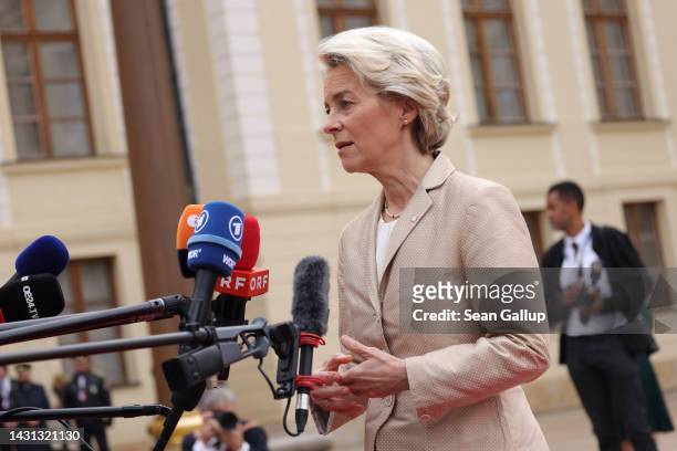 President of the European Commission Ursula von der Leyen speaks to the media as she arrives for an informal summit of the leaders of the European...