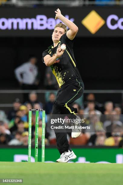 Cameron Green of Australia bowls during game two of the T20 International Series between Australia and the West Indies at The Gabba on October 07,...