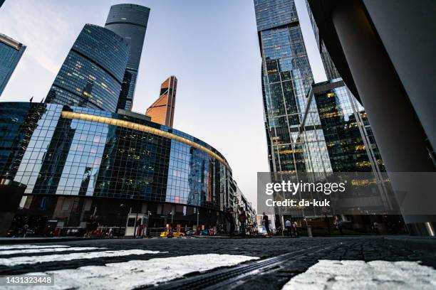 city street in downtown - moscow international business center stock pictures, royalty-free photos & images