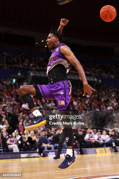 Justin Simon of the Kings celebrates after a dunk during the round two NBL match between Sydney Kings and Brisbane Bullets at Qudos Bank Arena, on...