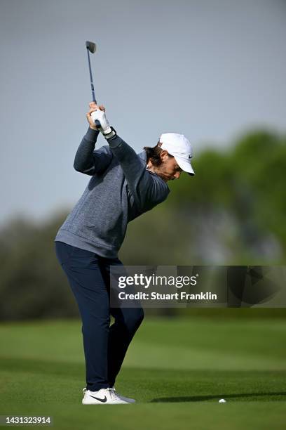 Tommy Fleetwood of England plays a shot during Day Two of the acciona Open de Espana presented by Madrid at Club de Campo Villa de Madrid on October...