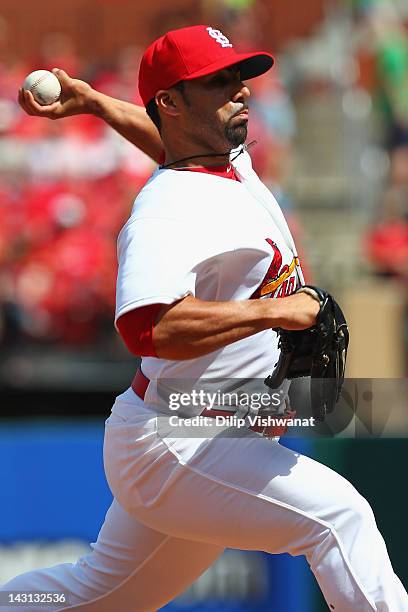 Reliever J.C. Romero of the St. Louis Cardinals pitches against the Cincinnati Reds at Busch Stadium on April 19, 2012 in St. Louis, Missouri. The...
