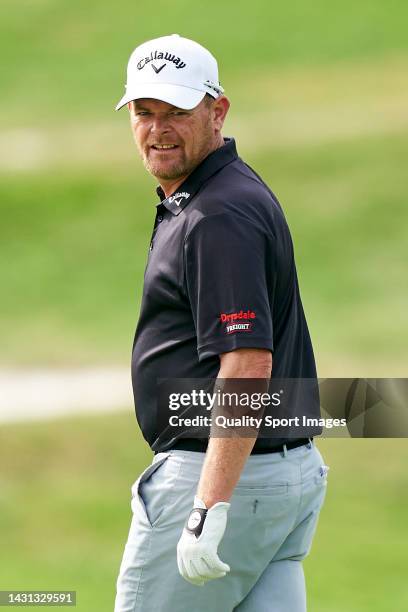 David Drysdale of Scotland reacts during Day Two of the acciona Open de Espana presented by Madrid at Club de Campo Villa de Madrid on October 07,...