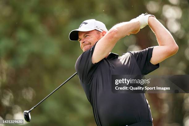 David Drysdale of Scotland plays a shot during Day Two of the acciona Open de Espana presented by Madrid at Club de Campo Villa de Madrid on October...