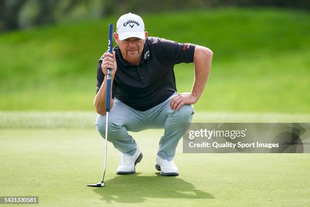 David Drysdale of Scotland studies his shot during Day Two of the acciona Open de Espana presented by Madrid at Club de Campo Villa de Madrid on...