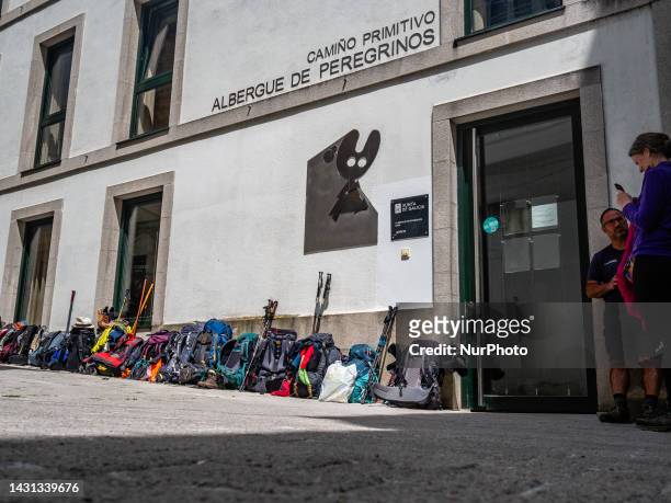 Tons of backpacks are seen placed outside of an Albergue. In Lugo, on May 29th, 2023.