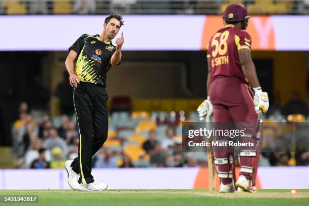 Mitchell Starc of Australia celebrates the wicket of Odean Smith of West Indies during game two of the T20 International Series between Australia and...