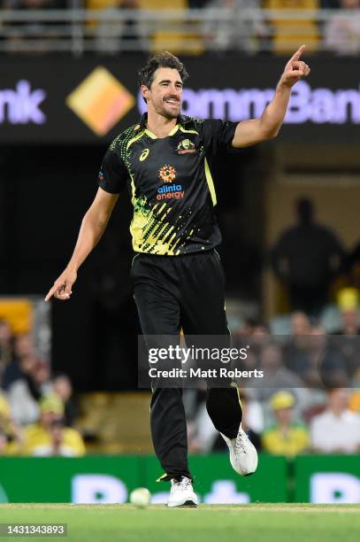 Mitchell Starc of Australia celebrates the wicket of Odean Smith of West Indies during game two of the T20 International Series between Australia and...