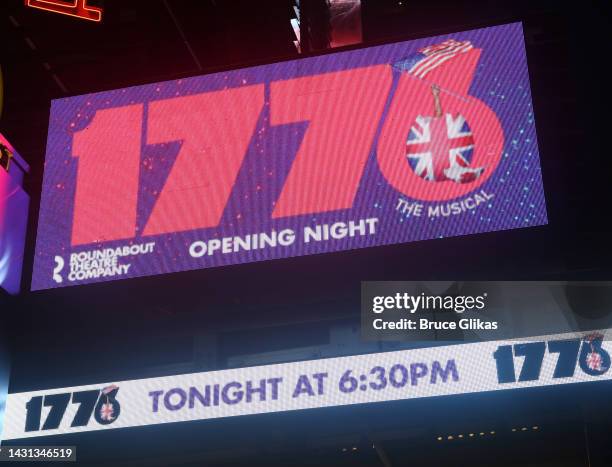 Signage at the opening night of the Roundabout Theatre production of the musical "1776" on Broadway at The American Airlines Theatre on October 6,...