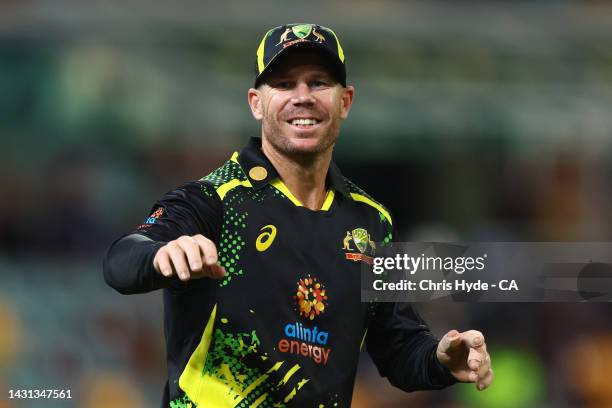 David Warner of Australia looks on during game two of the T20 International Series between Australia and the West Indies at The Gabba on October 07,...