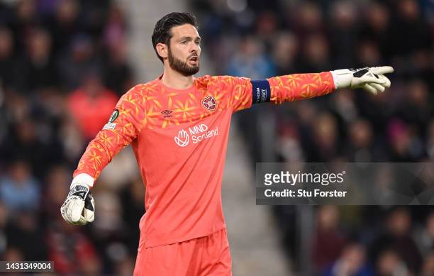 Hearts goalkeeper Craig Gordon reacts during the UEFA Europa Conference League group A match between Heart of Midlothian and ACF Fiorentina at...