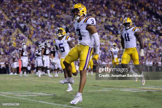 Greg Brooks Jr. #3 of the LSU Tigers reacts during a game at Tiger Stadium on September 17, 2022 in Baton Rouge, Louisiana.