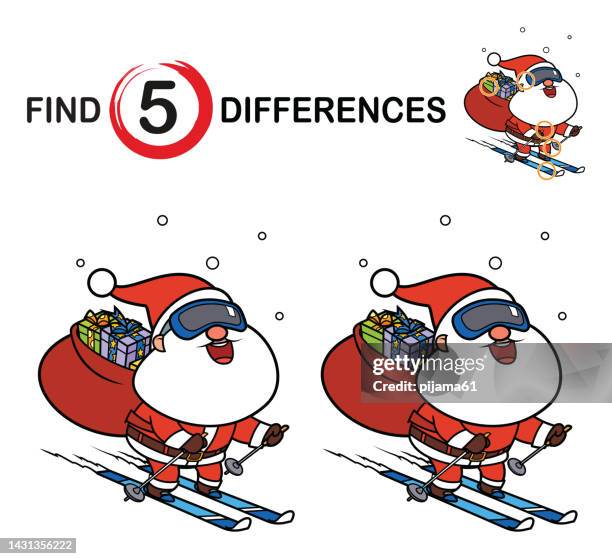 find differences, skiing santa claus - learning to surf stock illustrations