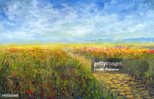 yellow brick road through a poppy field, painting - impressionism stock illustrations