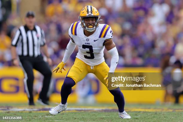 Greg Brooks Jr. #3 of the LSU Tigers in action during a game at Tiger Stadium on September 17, 2022 in Baton Rouge, Louisiana.