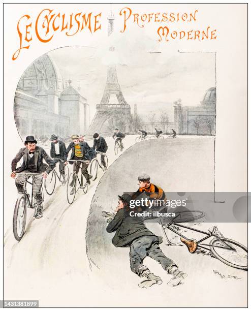 stockillustraties, clipart, cartoons en iconen met antique image: professional cyclist athletes - motogp of france race