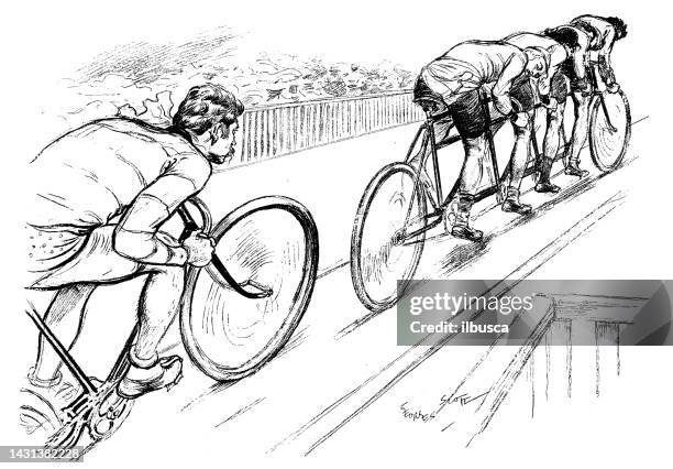 antique image: professional cyclist athletes velodrome training - professional sportsperson stock illustrations