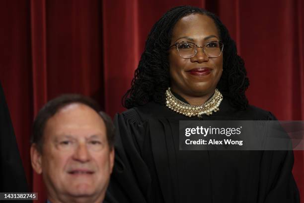 United States Supreme Court Associate Justice Samuel Alito and Associate Justice Ketanji Brown Jackson pose for an official portrait at the East...