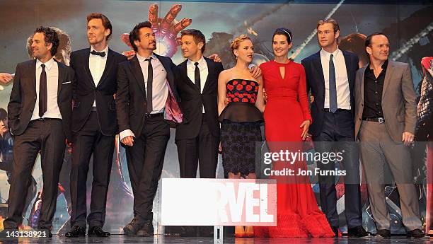 Actors Mark Ruffalo, Tom Hiddleston, Robert Downey Jr, Jeremy Renner, Scarlett Johansson, Cobie Smulders, Chris Hemsworth and Clark Gregg attend the...