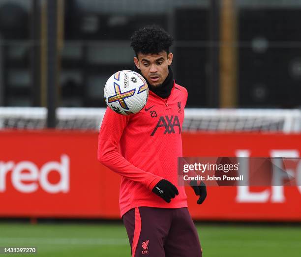 Luis Diaz of Liverpool during a training session at AXA Training Centre on October 07, 2022 in Kirkby, England.