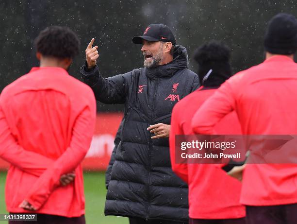 Jurgen Klopp manager of Liverpool during a training session at AXA Training Centre on October 07, 2022 in Kirkby, England.