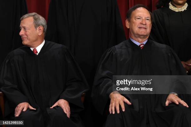 United States Supreme Court Chief Justice John Roberts and Associate Justice Samuel Alito pose for an official portrait at the East Conference Room...