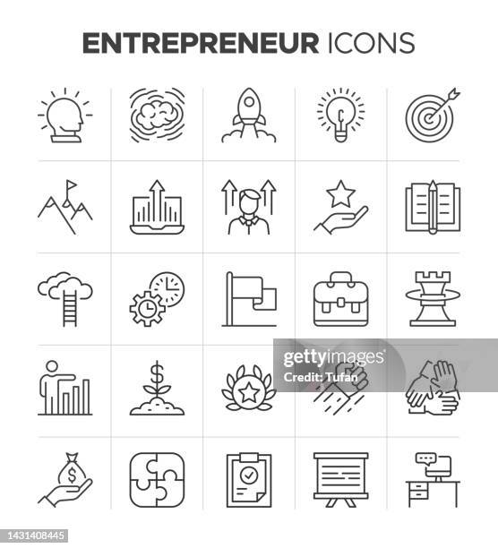 entrepreneur icon set. business startup icon collection. creative idea, innovation, money, target, launch project, space rocket and more symbol - motivation stock illustrations