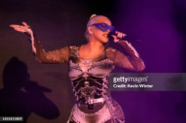 Christina Aguilera performs at the Citi/American Airlines 35th Anniversary Concert at Hollywood Palladium on October 06, 2022 in Los Angeles,...