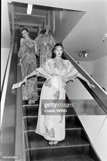 Carla Araque and models in a looks from Zandra Rhodes fall 1976 'Fantasies' collection.