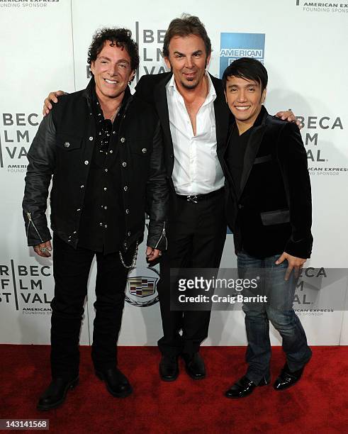 Musicians Neal Schon, Jonathan Cain, and Arnel Pineda of Journey attend the "Don't Stop Believin': Everyman's Journey" Premiere during the 2012...