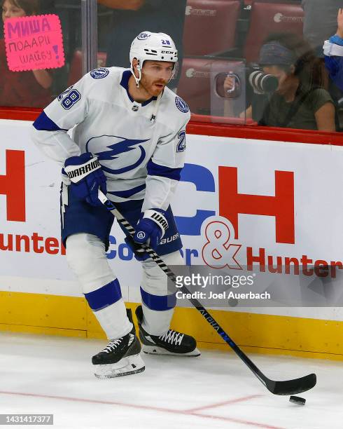 Ian Cole of the Tampa Bay Lightning skates with the puck prior to an NHL preseason game against the Florida Panthers at the FLA Live Arena on October...