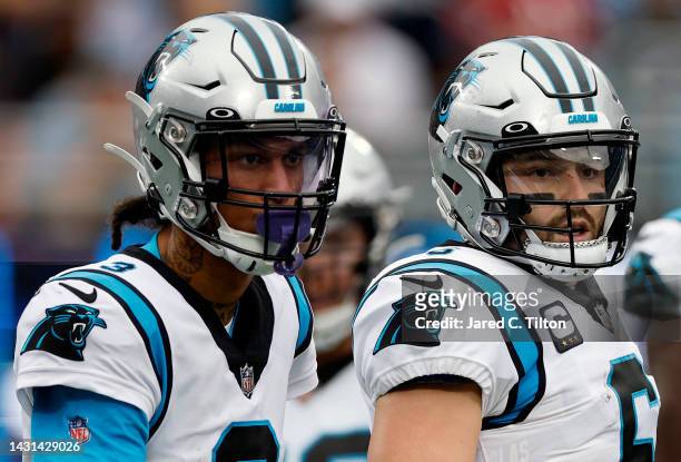 Wide receiver Robbie Anderson of the Carolina Panthers and quarterback Baker Mayfield look during the first half of their game against the Arizona...