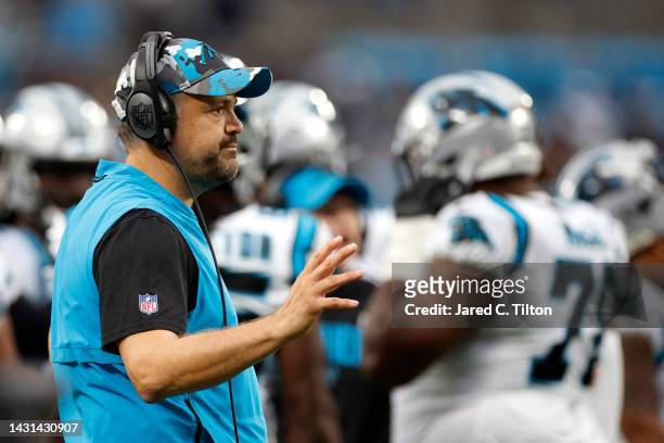 Head coach Matt Rhule of the Carolina Panthers reacts during the first half of their game against the Arizona Cardinals at Bank of America Stadium on...