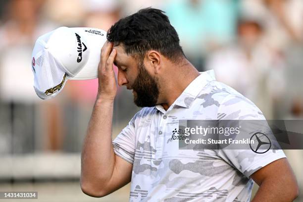 Jon Rahm of Spain reacts on the 18th green during Day Two of the acciona Open de Espana presented by Madrid at Club de Campo Villa de Madrid on...